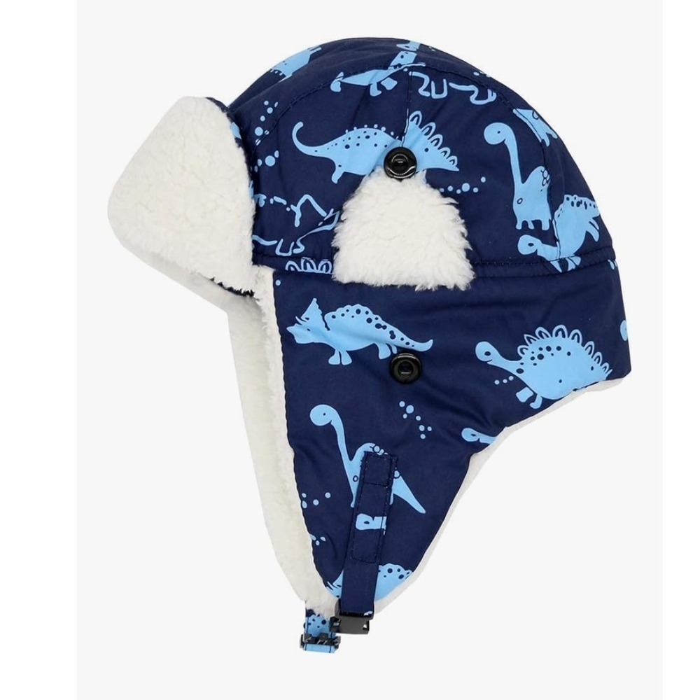 Toddler Winter Hat Navy Blue Dinosaur Sherpa Lined Fleece Trapper Beanie‎